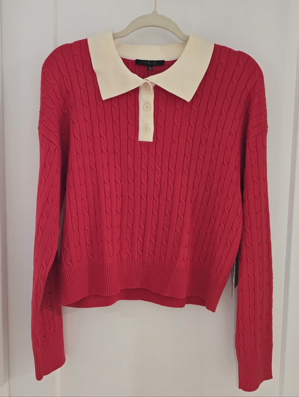 NWT Iris Red Cable-Knit Polo Sweater with Cream Collar - Preppy, Tenniscore